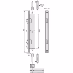 Coffre en acier zingué bichromaté de 225 x 30 x 20 mm. Têtière en inox satiné de 265 x 25 mm, avec entraxe de perçage de 245  ...