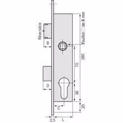 Pour cylindre profil européen. Effacement du demi-tour par la clé, sauf pour la serrure de largeur 21 mm. Fouillot carré de 8 ...