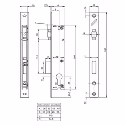 Serrure à larder à rouleau pour profil étroit type MTX 880 en coffre de 36mm pêne + 5 mm