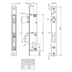 Serrure à larder à rouleau pour profil étroit type MTX 880 en coffre de 36mm pêne + 5 mm - MÉTALUX