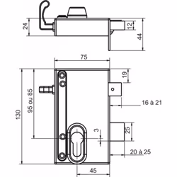 Dimension du corps : H 130 x L 75 mm. Axe de 45 mm. Déplacement vertical de l’entrée de cylindre sur 10 mm.