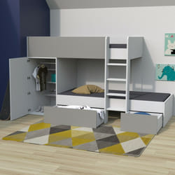Lit superposé twin 90x190 avec armoire et tiroirs + 2 sommiers / Blanc et Gris/