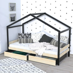 Les Tendances - Lit cabane etoile 90x190cm + 2 tiroirs / Brut et noir/ 199x95x150 cm