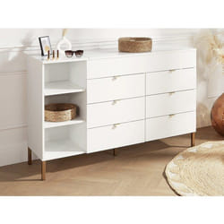 Vente-unique - Commode 6 Tiroirs, 3 Niches Et 1 Coffre - Avec Miroir - Blanc Et Doré - Onisha