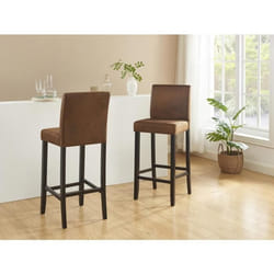 Lot de 2 tabourets de bar SANTOS - Microfibre aspect cuir vieilli - Pieds bois foncé