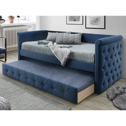 Lit banquette gigogne capitonné LOUISE - 2x90x190cm - tissu bleu
