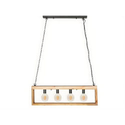 Suspension style industriel caisse rectangulaire en bois OLIUS - bois et métal -4 lampes - H. 31 x L.100 cm - naturel et noir