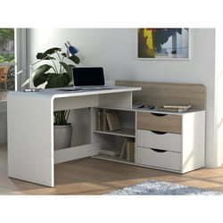 Bureau dangle DECLAN II - MDF - 3 tiroirs & 2 niches - Coloris : Blanc & Chêne