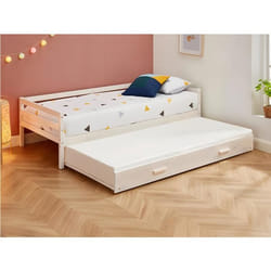 Lit gigogne AEDAN II - 2 x 90 x 190 cm - Pin massif et MDF - Blanchi