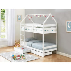 Lits superposés cabane 2 x 90 x 190 cm - 2 tiroirs - Pin - Blanc - CHORI