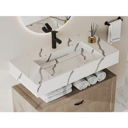 Vente-unique - Vasque Suspendue En Solid Surface Effet Marbre Blanc - Takotna - L90.2 X L45.2 X H8 Cm