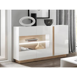 Buffet MURARI - 3 portes - Avec LEDs - Blanc brillant et chêne