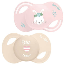 Luc et Léa Collection 2 Sucettes Anatomiques Téterelle Extra-Fine 0-6 Mois - Modèle : Lapin - Petit Cœur