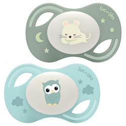 Luc et Léa Collection Nuit 2 Sucettes Anatomiques Téterelle Extra-Fine 6-18 Mois - Modèle : Souris et Chouette