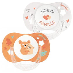 Luc et Léa Essentiel 2 Sucettes Anatomiques Collerette Confort + 18 Mois et + - Modèle : J'aime ma Famille et Petit Koala