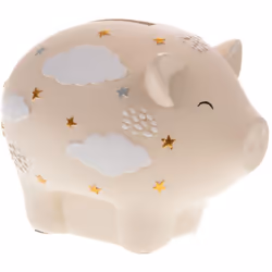 Tirelire cochon Louison En Résine Dimensions : Hauteur 9 cm - Largeur 12 cm - Profondeur 8 cm Bouchon en caoutchouc sous la t ...