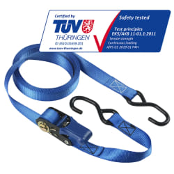 Master Lock 4366EURDAT Sangle d'Arrimage avec Crochets et Cliquet, Bleu, 5m x 25mm Sangle