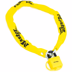 Chaine antivol en maillons acier et cadenas pour vélo. Câble en acier laminé Couleur : Jaune Revêtement en thermoplastique Lo ...