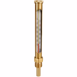 Présentation Thermomètre vertical à dilatation de liquide. De 0 à 130°C. Gaine laiton pour chaudières. Douille 1/2". Raccord  ...
