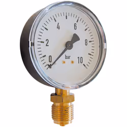 Présentation Raccord radial mâle 1/2". Pression 0 à 4 bars. Diamètre cadran : 80mm. Normes EN 837-1. Garantie 2 ans.