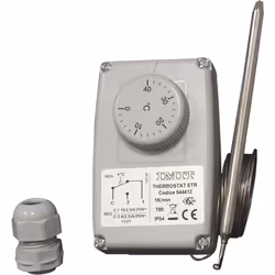Présentation Thermostat étanche IP54 - réglage 0°C à +40°C Sonde Ø 6 x 119 mm - Capillaire 0,90 m. Contact inverseur 16 (2,5) ...