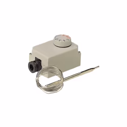 Présentation Thermostat étanche IP54 Sonde Ø 6 x 119 mm - Capillaire 0,90 m. Contact inverseur 16 (2,5) A 250 V~. Boîtier pla ...