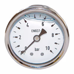 Présentation Raccord axial mâle 1/4". Pression 0 à 10 bars. Diamètre cadran : 50mm. Normes EN 837-1. Garantie 2 ans.