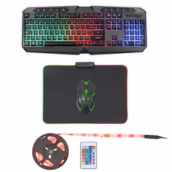 LIVOO TEA285 Pack gaming 4 en 1 Clavier filaire LED RGD / Souris filaire LED RGB / Tapis RGB 35 x 25 cm / Ruban USB à LED de  ...