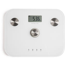 Pèse-personne impédancemètre dynamo - LIVOO - DOM465W - Sans pile - 6 indicateurs - Max 150 kg - 4 profils - LCD - Blanc