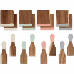 Kit original en bois d’acacia avec touches colorées, composé de 8 spatules pour servir la raclette et de 8 planchettes pour p ...