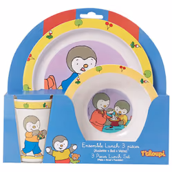 T'choupi ensemble repas incluant 1 verre 220 ml, 1 assiette et 1 bol micro-ondables pour enfant Cet ensemble repas micro-onda ...