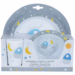 Espace ensemble repas incluant 1 verre 220 ml, 1 assiette et 1 bol micro-ondables pour enfant Cet ensemble repas micro-ondabl ...