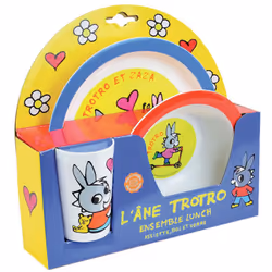 Trotro ensemble repas incluant 1 verre 220 ml, 1 assiette et 1 bol micro-ondables pour enfant