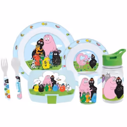 Ce lot contient 6 pieces : assiette creuse Ø16 cm, assiette plate Ø22 cm, cuillere et fourchette H.13,5xL.3cm, verre 220ml, g ...