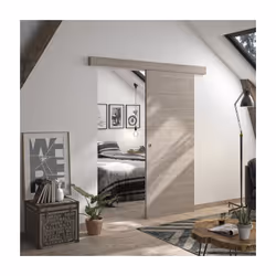 Kit porte coulissante en applique décor chêne taupe Vérone avec rail en aluminium et cache-rail folding assorti. Un kit tout  ...