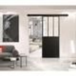 OPTIMUM - Kit porte coulissante + rail + bandeau Atelier - H 204 x L 93 x P 4 cm - Noir verre transparent