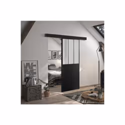 Kit porte coulissante atelier noir + rail 2 amortisseurs + cache rail décor assorti - verre dépoli - 204 x 93 cm