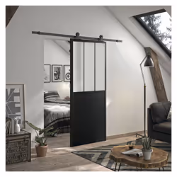 Optimum - Kit porte coulissante atelier noir + rail apparent acier noir - verre dépoli - 204 x 83 cm