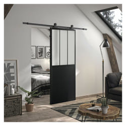 Optimum - Kit porte coulissante atelier noir + rail apparent acier noir - verre dépoli - 204 x 83 cm