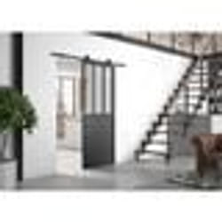OPTIMUM Kit porte coulissante ATELIER noir + rail apparent  - 204 x 93 cm - verre transparent