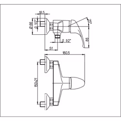 Entraxe 150 mm +/ -21 mm. Raccords excentriques M 15x21. Manette pleine. Cartouche céramique multifonctions Ø 40 mm. Butée de ...