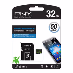 PNY Performance, 32 Go, MicroSDHC, Classe 10, UHS-I, 50 Mo/s, Noir