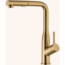 POINTS FORTS : > Robinet doré H 336 x L 234 mm > Douchette extractible double jets > Mitigeur pour cuisine > Robinetterie cui ...