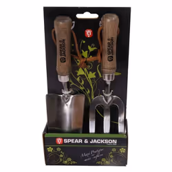 Set de 2 mini outils à fleurs inox manche bois - Spear & Jackson - Transplantoir et fourche