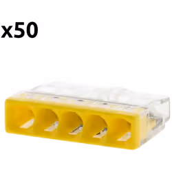 Caractéristiques du lot de 50 bornes S2273 - Connexion rapide - 5 conducteurs - fils rigides 2.5mm² - jaune - Wago Modèle : l ...