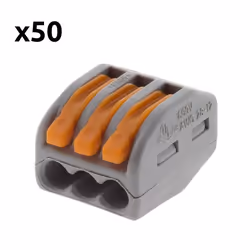 Lot de 50 bornes automatiques à cliquet S222 - 3 entrées - fils rigides et souples 4mm² max - Orange - Wago