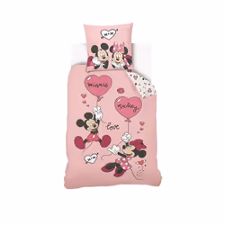 DISNEY - Housse de couette Mickey et Minnie 140x200 cm + 1 Taie doreiller 63x63 cm - 100% Coton - Rose