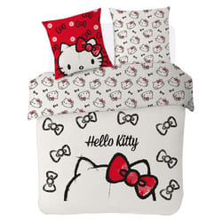 HELLO KITTY - Housse de couette Hello Kitty Nœuds 220x240 cm + 2 taies doreiller 63x63 cm - 100% Coton - Ecru