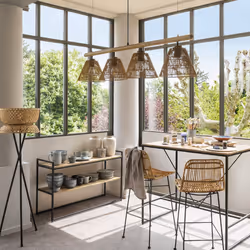 Lampadaire trépied "Suny", bambou et métal, noir, H145 cm