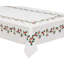 Atmosphera - Nappe en Coton Blanc imprimé Houx et Baies rouges finition doré 140 x 240 cm - Feeric Christmas